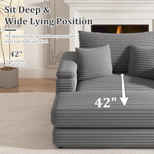 Corduroy Sofa Couch with 2 Ottomans, 86.6 Inch, 3 Seater, Grey K8893