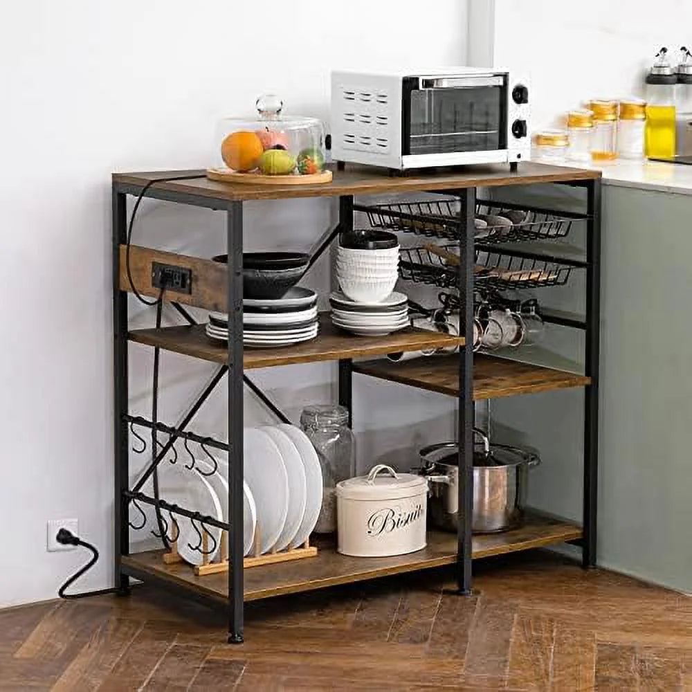 Kitchen Bakers Rack with Microwave Oven Stand, Wire Basket and 7 Hooks, Rustic Brown H5414