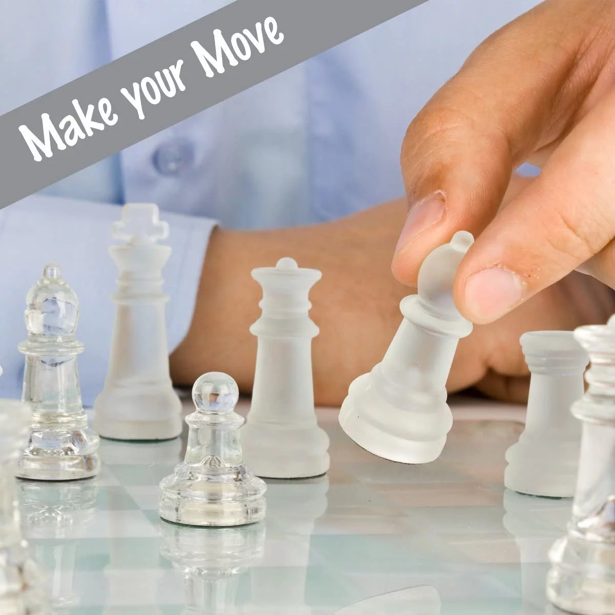 12 inch Glass Chess Set with 32 Frosted Clear Pieces B545