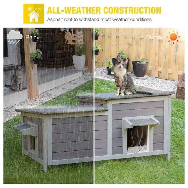 Outdoor Cat House 2-Room Shelter for Rescued Cats H9700