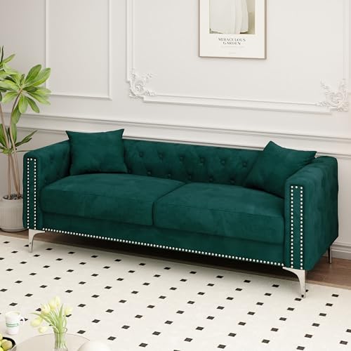 FANYE Velvet Upholstered 2 Pillows,Modern 3 Seaters Sofa Couch with Nailhead Decor and Metal Legs for Living Room, 83", Blue