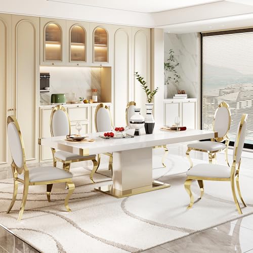 Modern Dining Table Set for 8 People,78" Kitchen Table Set with Gold Finish Corner Top and PU Leather Dining Chairs,Luxury Dining Room Table Set with MDF Pillar & Gold Stainless Steel Base