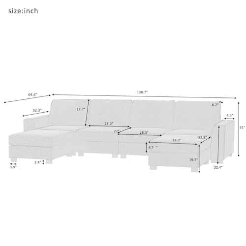 Large U-Shaped Sectional Sofa with Removable Ottomans, 131" Polyester, Gray N682884