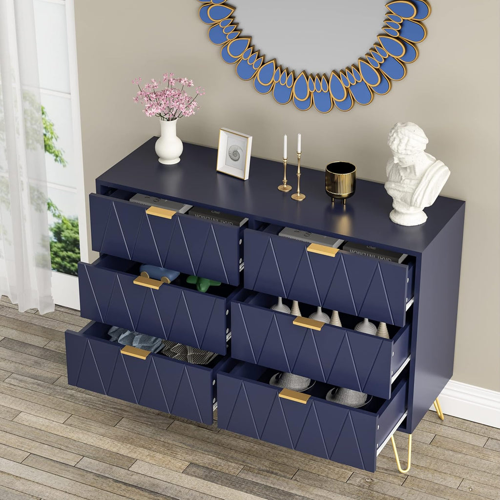 Navy Blue 6 Drawer Dresser for Bedroom with Gold Handles L6720