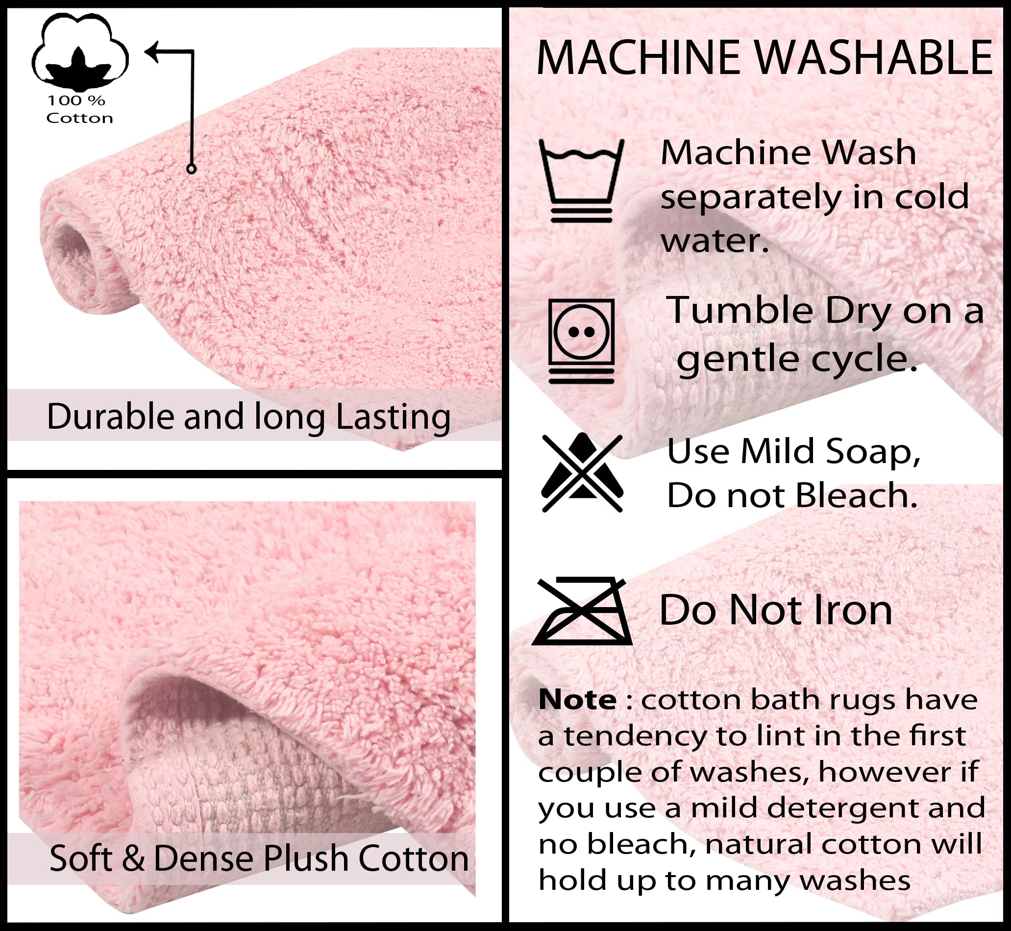 100% Cotton Non-Slip Bathroom Rug Set, Machine Washable, 5 Piece with Contour Pink Y778