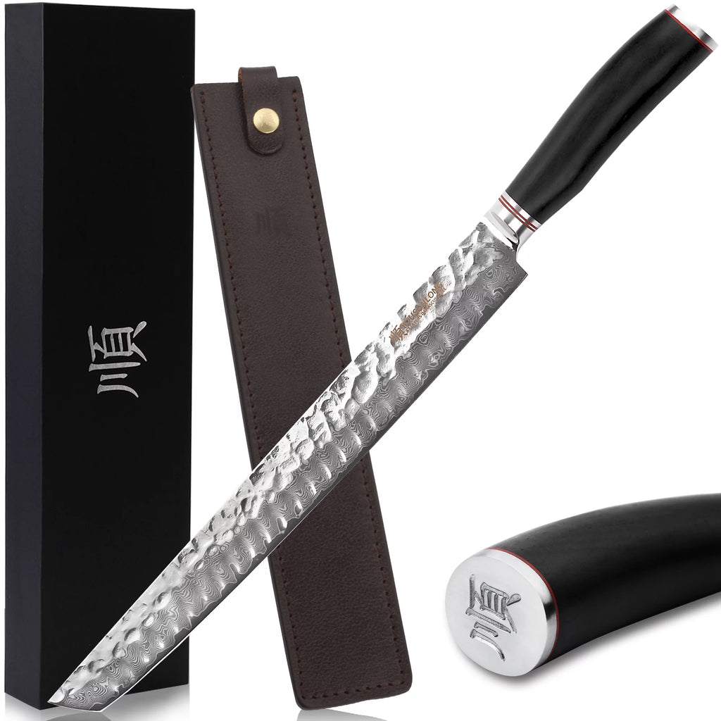 YOUSUNLONG Sujihiki Knife 13 Inch - Japanese Damascus Steel Fillet Knives Naturalwood Handle With Leather Sheath