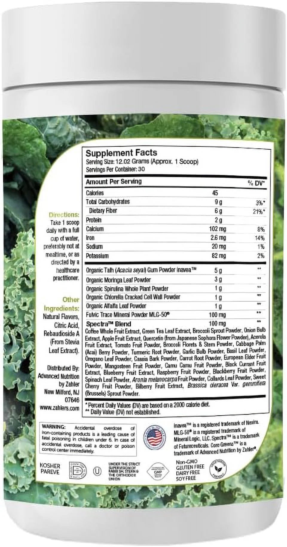 Core Greens Powder Superfood Supplement with Spirulina and Chlorophyll, Natural Citrus Flavor U7322