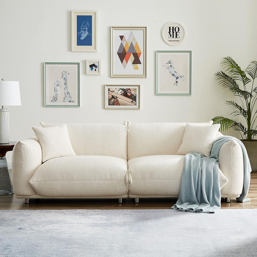 CHARMMA 87" Oversized Loveseat Sofa for Living Room, Sherpa Sofa with Metal Legs, 3 Seater Sofa, Solid Wood Frame Couch with 2 Pillows, for Apartment Office Living Room - White