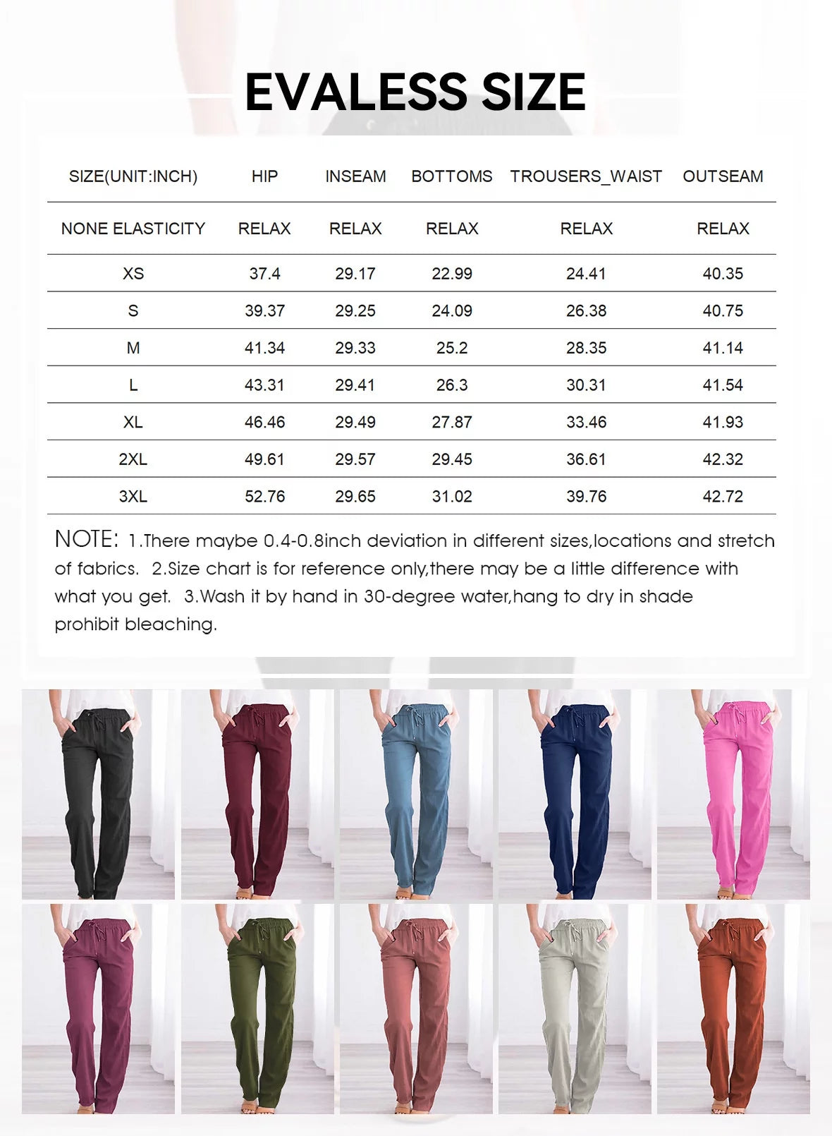 Linen Pants for Women Straight Leg Elastic Waist with Pockets W1755