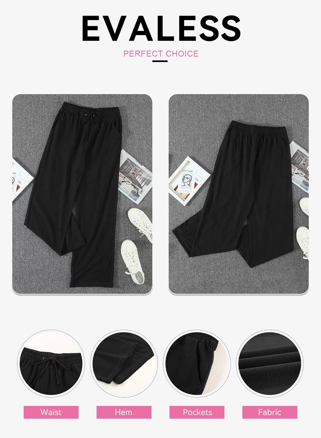 Linen Pants for Women Straight Leg Elastic Waist with Pockets W1755