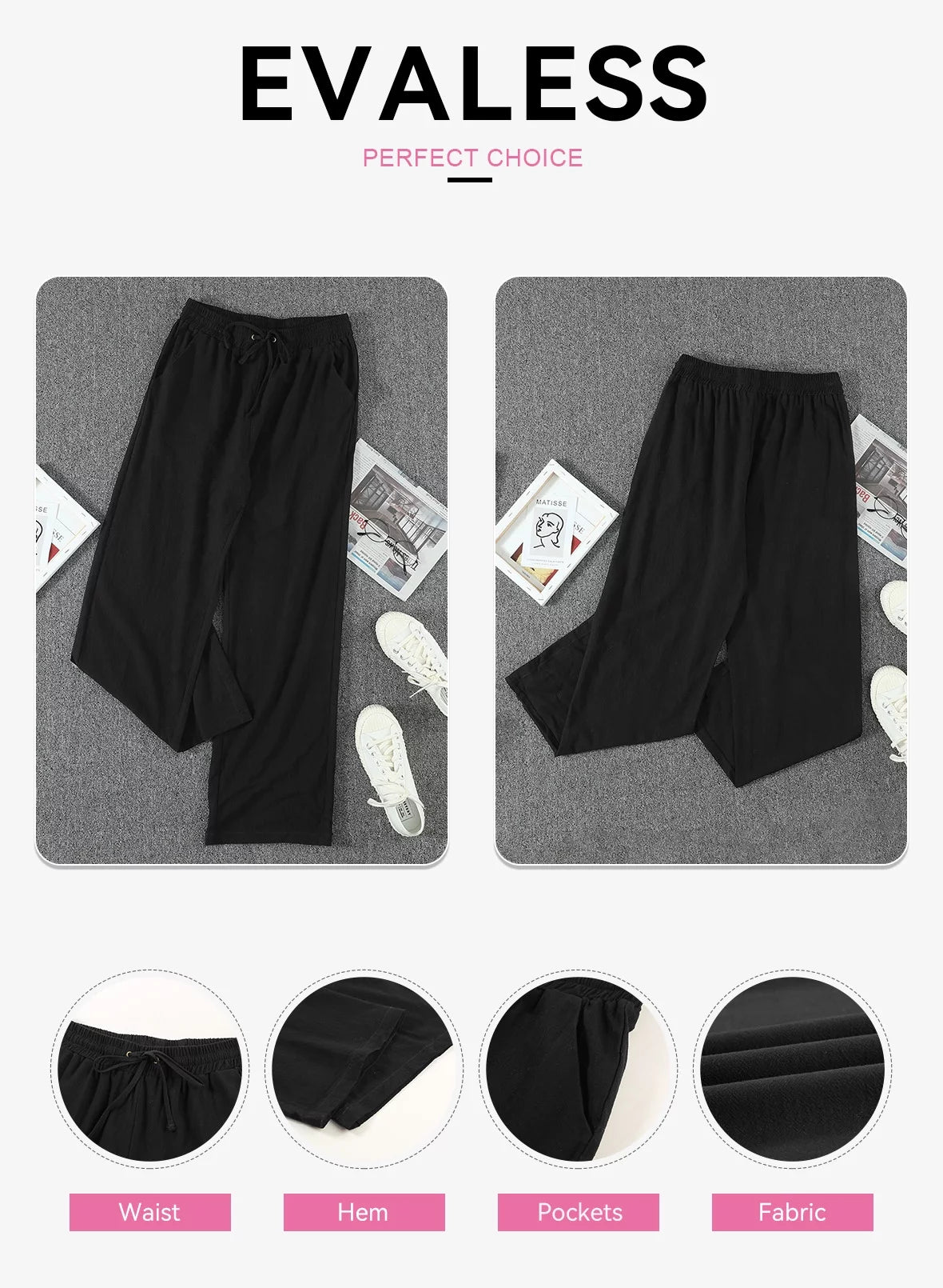 Linen Pants for Women Straight Leg Elastic Waist with Pockets W1755