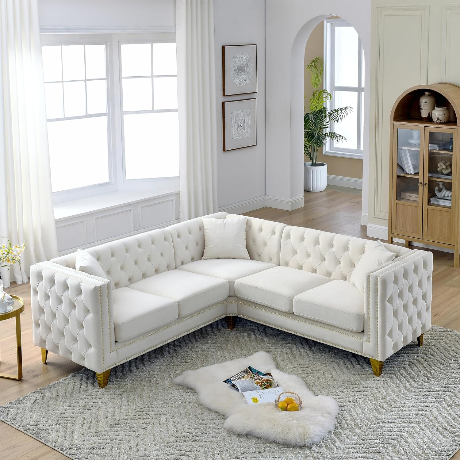 Bellemave L-Shaped Chesterfield Couch with Metal Legs and Nail Heads, Velvet Corner Sofa 5-Seater Sofas with 3 Cushions for Living Room, Bedroom, Apartment, Office(Beige)