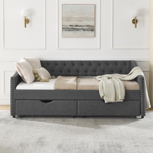 Queen Size Daybed Frame with 2 Storage Drawers, Upholstered Sofa Bed, No Box Spring Needed Q78170