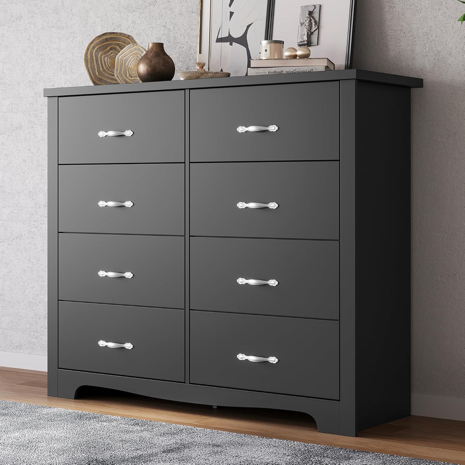 LINSY HOME 8 Drawer Dresser, Black Dresser for Bedroom, Modern Dresser Chest with Wide Drawers, Wood Storage Chest of Drawers for Living Room