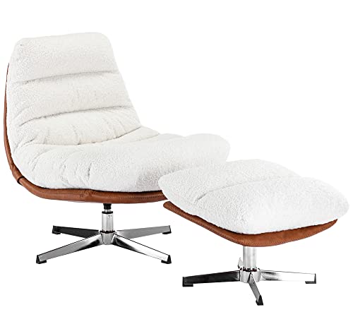 Wahson Comfy Accent Swivel Lounge Chair with Ottoman, Linen Upholstered Oversized Club Chair, for Living Room/Bedroom, Ivory