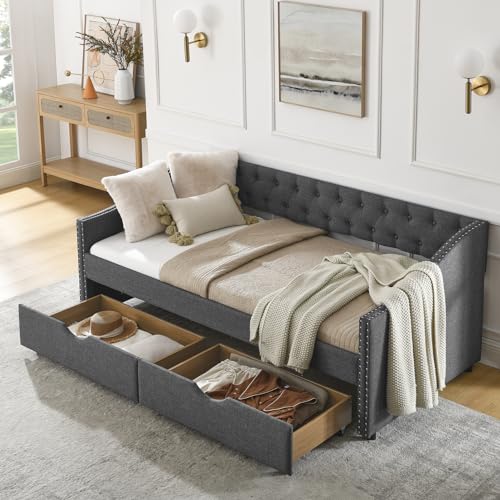 Queen Size Daybed Frame with 2 Storage Drawers, Upholstered Sofa Bed, No Box Spring Needed Q78170