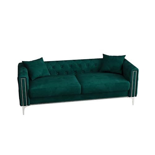 Velvet Upholstered 3-Seater Sofa Couch with Nailhead Decor, Blue O2153