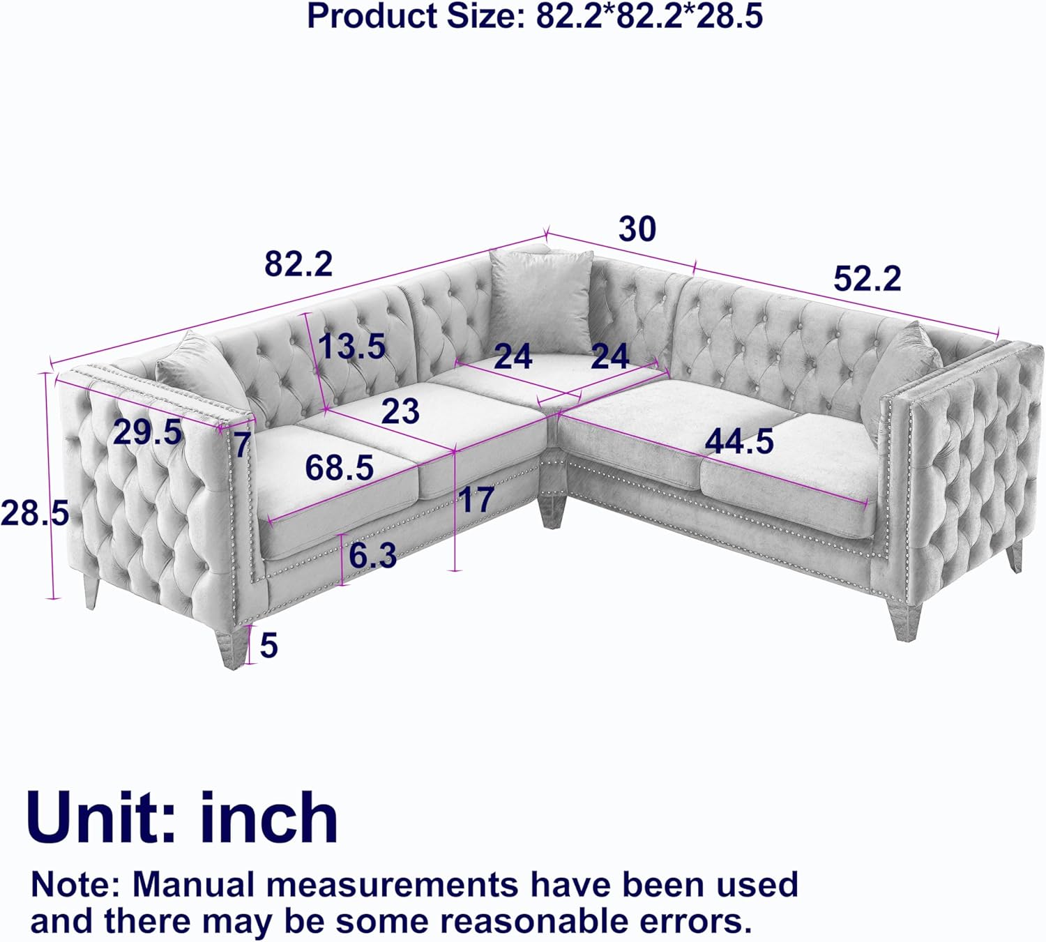 L-Shaped Velvet Corner Sofa with Metal Legs Y199839