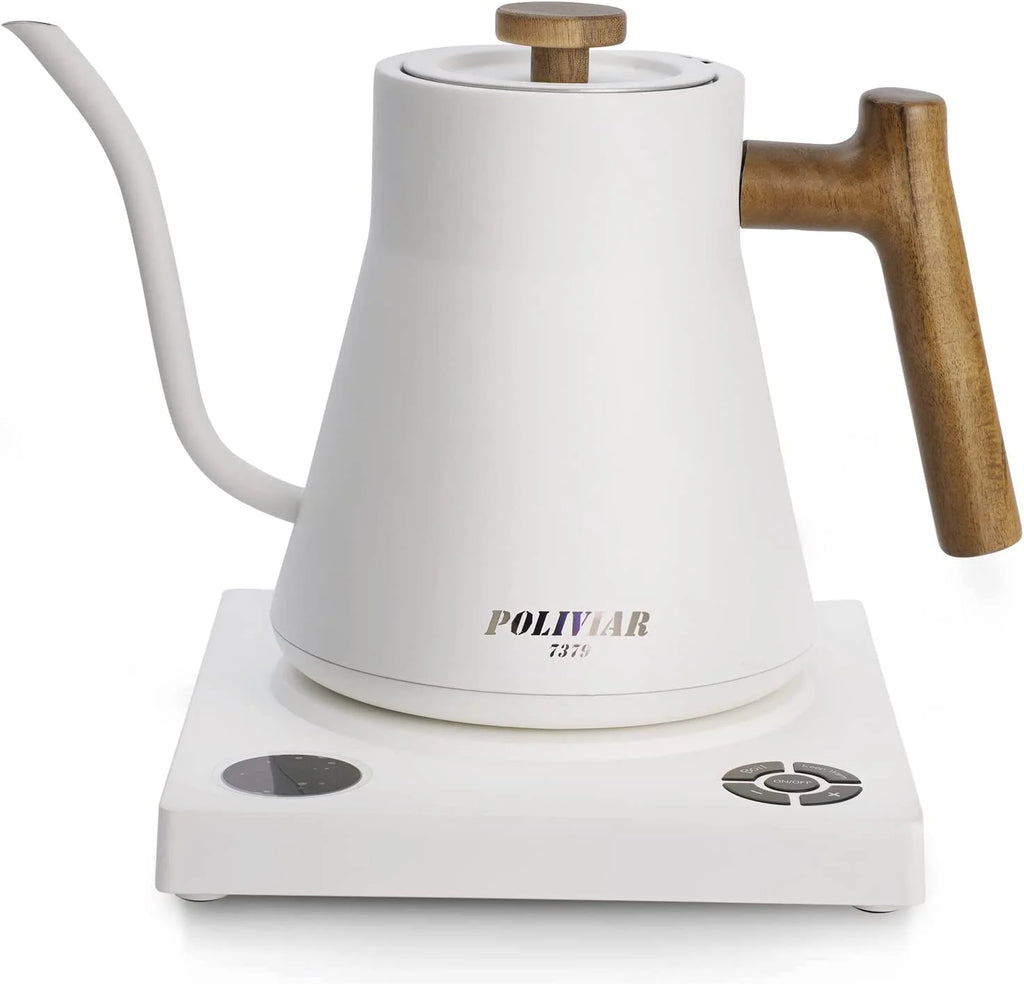 POLIVIAR Electric Gooseneck Kettle  1200W Electric Tea Kettle Real Wood Handle  34oz Pour Over Electric Kettle for Coffee &amp; Tea  18/8 Stainless Steel Inner  Temperature Control &amp;