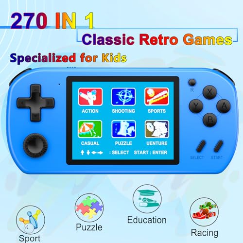 Handheld Game Console with 270 Classic Retro Games, 3 Inch Color Screen, TV Output, Rechargeable, 2 Players E5381