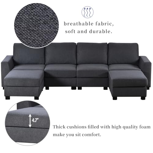 Large U-Shaped Sectional Sofa with Removable Ottomans, 131" Polyester, Gray N682884