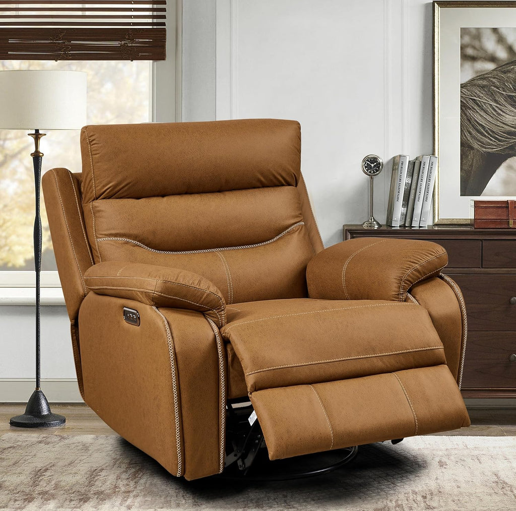 38" Dual Motor Rocking and 240 Degree Swivel Single Sofa Recliner Chair for Elderly, Power Headrest, Living Room Lazy Boy Lounge w/One-Key Reset Button and USB Charging (Yellow Brown)
