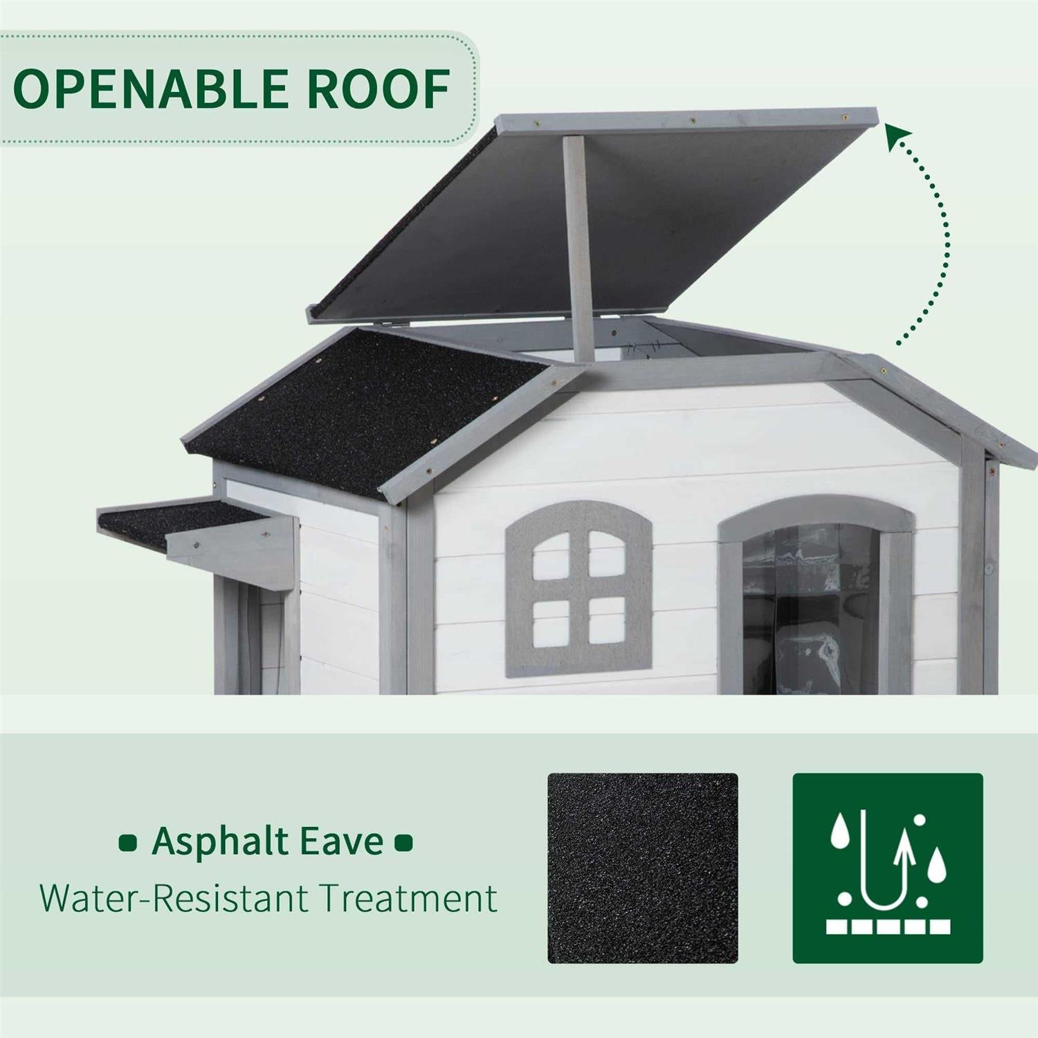 Wooden 2-Story Outdoor Cat House with Escape Door and Openable Roof Platforms U6707