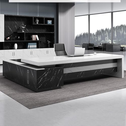 94-Inch Executive Desk with Charging Station File Drawer, L-Shaped Desk with Storage Shelve, Large Office Desk Writing Table Desk Business Furniture Set for Home Office