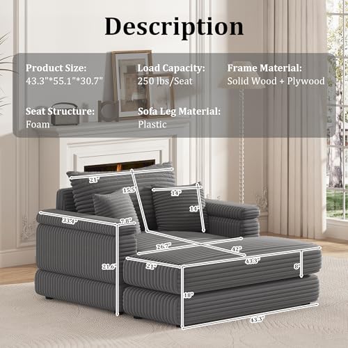 Corduroy Sofa Couch with 2 Ottomans, 86.6 Inch, 3 Seater, Grey K8893