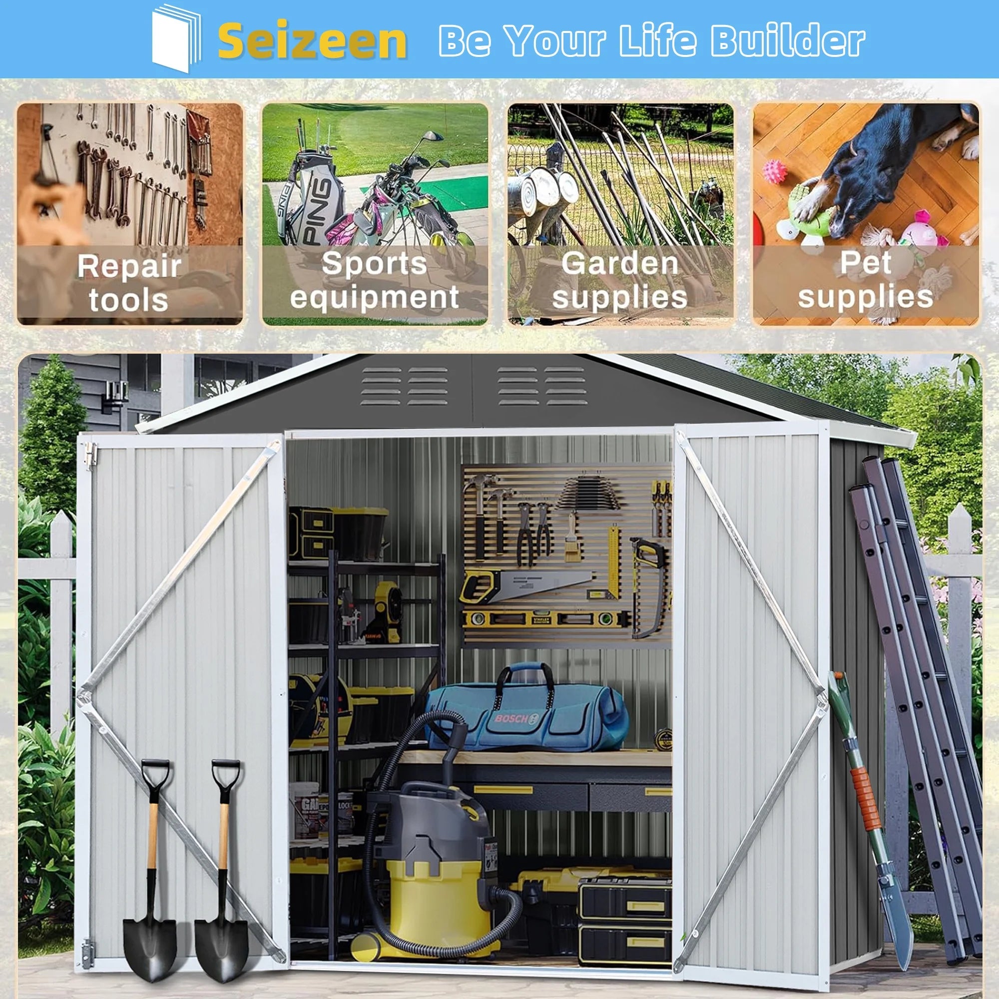 Outdoor Metal Storage Shed with Lockable Doors X7723