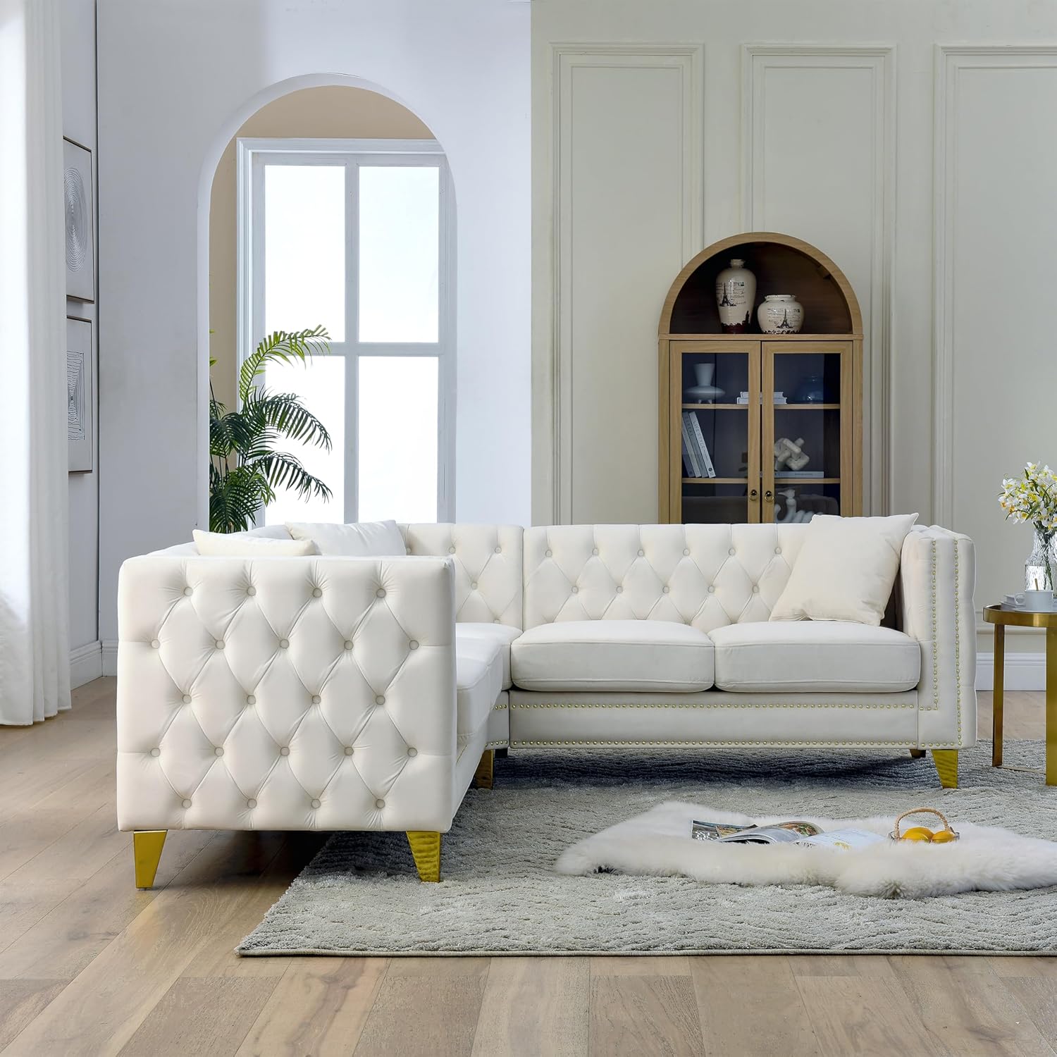L-Shaped Velvet Corner Sofa with Metal Legs Y199839