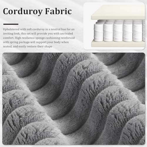 Corduroy Sofa Couch with 2 Ottomans, 86.6 Inch, 3 Seater, Grey K8893