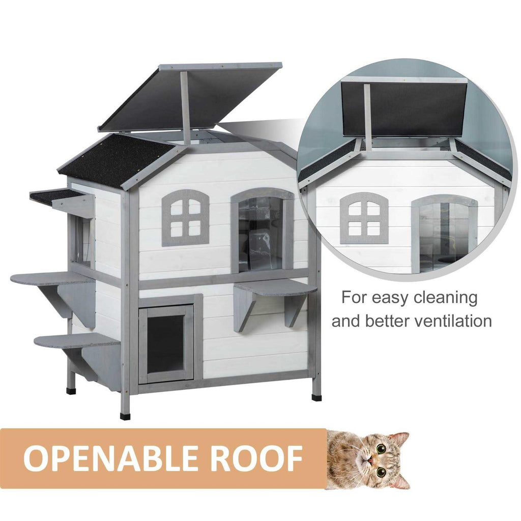 Wooden 2-Story Outdoor Cat House with Escape Door and Openable Roof Platforms R11509