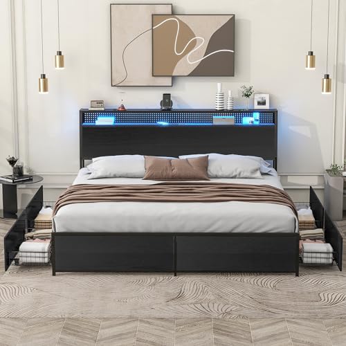 Metal Platform Bed Frame with LED Lights and Storage Drawers C706860