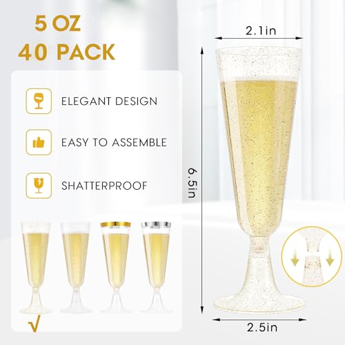 Champagne Flutes Plastic 40 Pcs Gold Glitter Disposable Wedding Party Cups Q321173