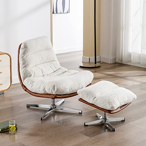 Accent Swivel Lounge Chair with Ottoman, Linen Upholstered, Ivory M878449