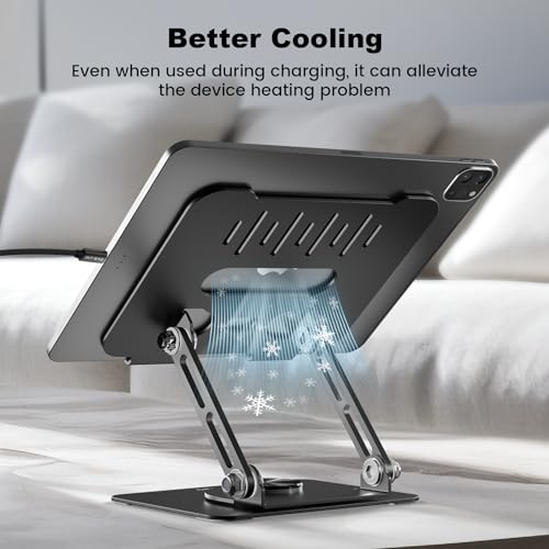 Adjustable Tablet Stand for Desk with 360 Rotating Base, Aluminum, Foldable, White S38174