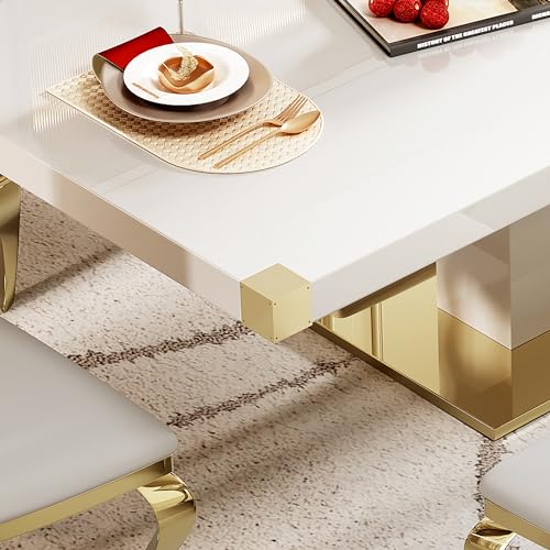 78" Dining Table Set for 8 with Gold Finish and PU Leather Chairs Q832