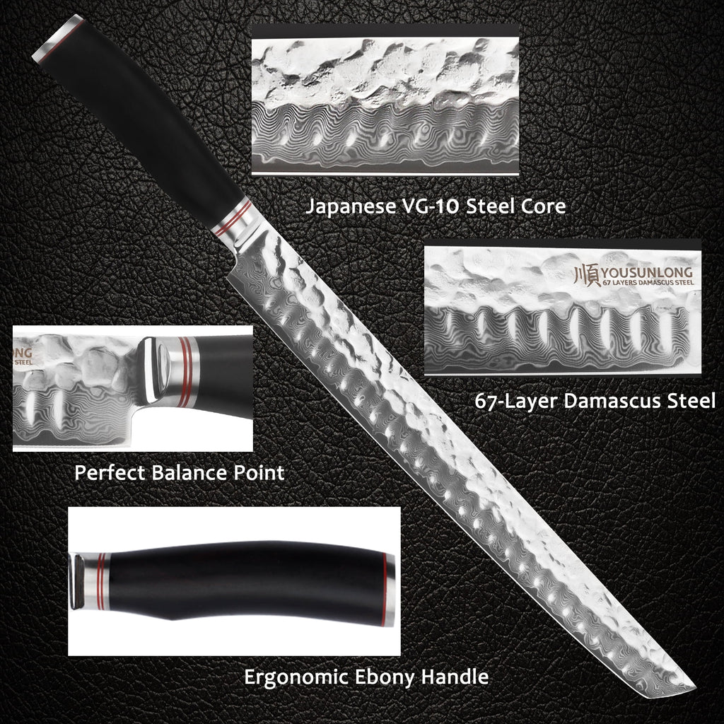 Sujihiki Knife 13 Inch - Japanese Damascus Steel Fillet Knife with Wood Handle and Leather Sheath U13692