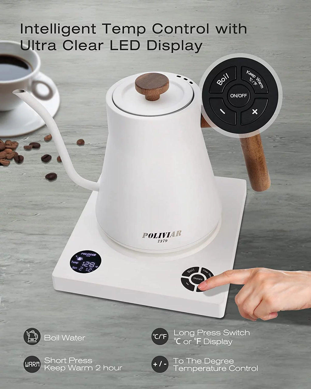 Electric Gooseneck Kettle 1200W with Wood Handle, 34oz Stainless Steel K389760