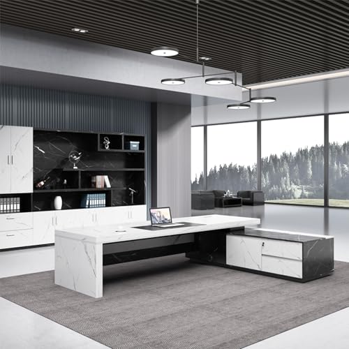 L-Shaped Executive Desk with Charging Station and Storage Shelves W581
