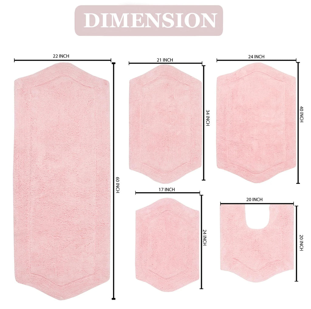 100% Cotton Non-Slip Bathroom Rug Set, Machine Washable, 5 Piece with Contour Pink Y778