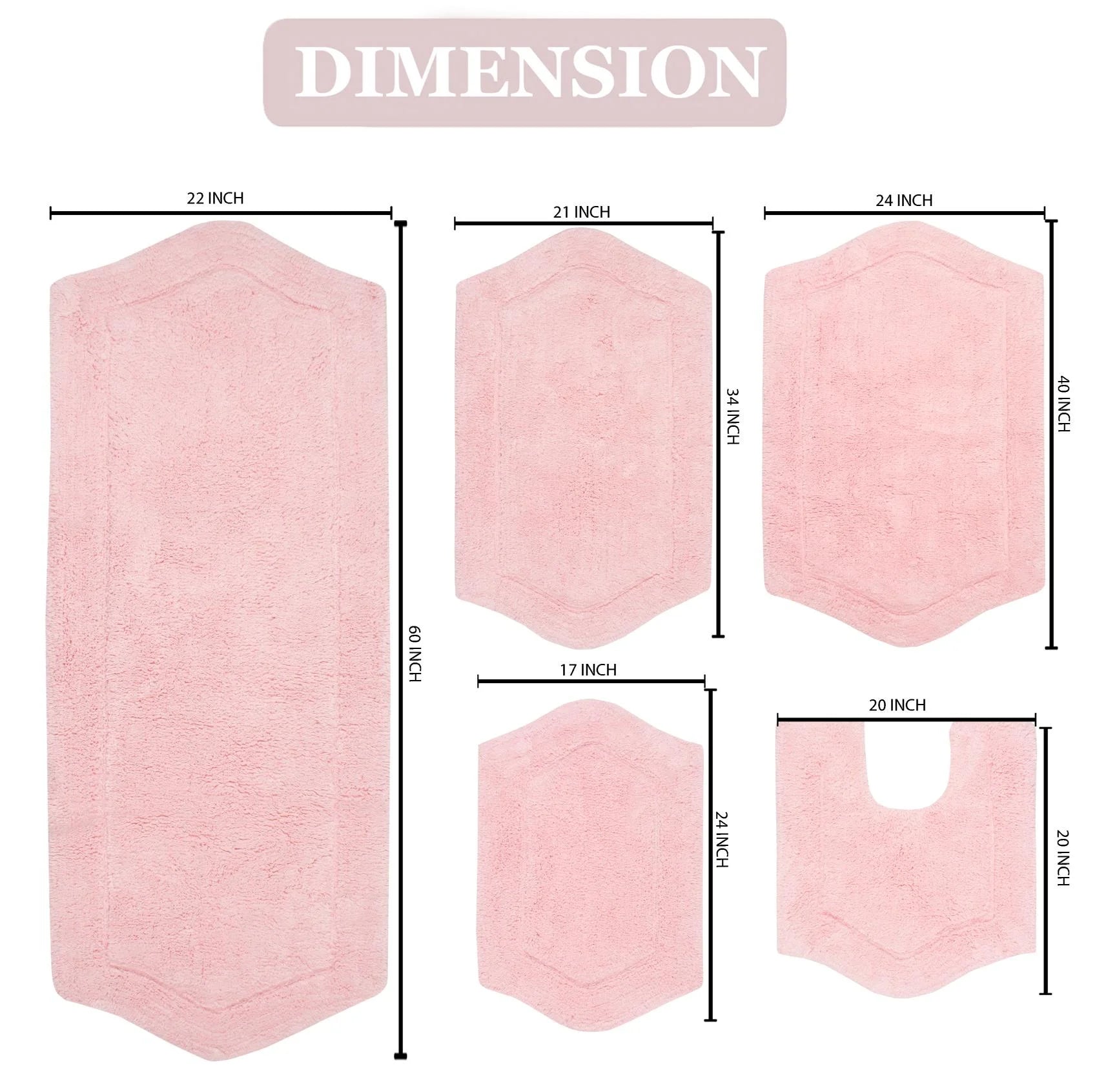 100% Cotton Non-Slip Bathroom Rug Set, Machine Washable, 5 Piece with Contour Pink Y778
