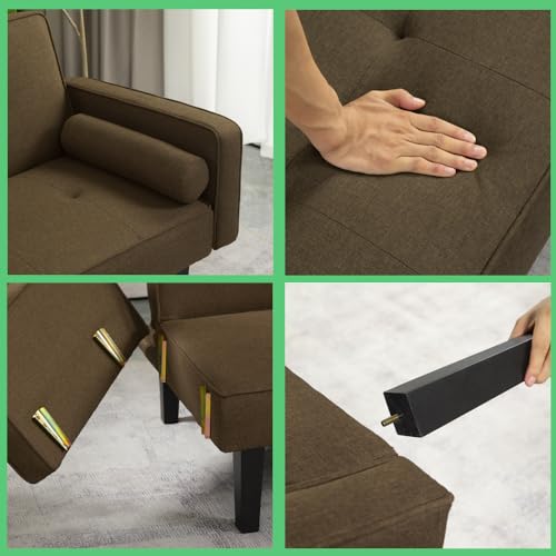 Futon Sofa Bed with Armrests, Folding Sleeper Couch, Solid Wood Legs, Light Grey L24965