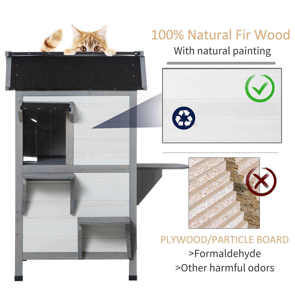 Wooden 2-Story Outdoor Cat House with Escape Door and Openable Roof Platforms R11509