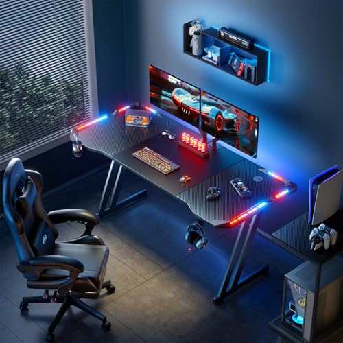 Gaming Desk with LED Lights Carbon Fibre Surface Computer Desk T641