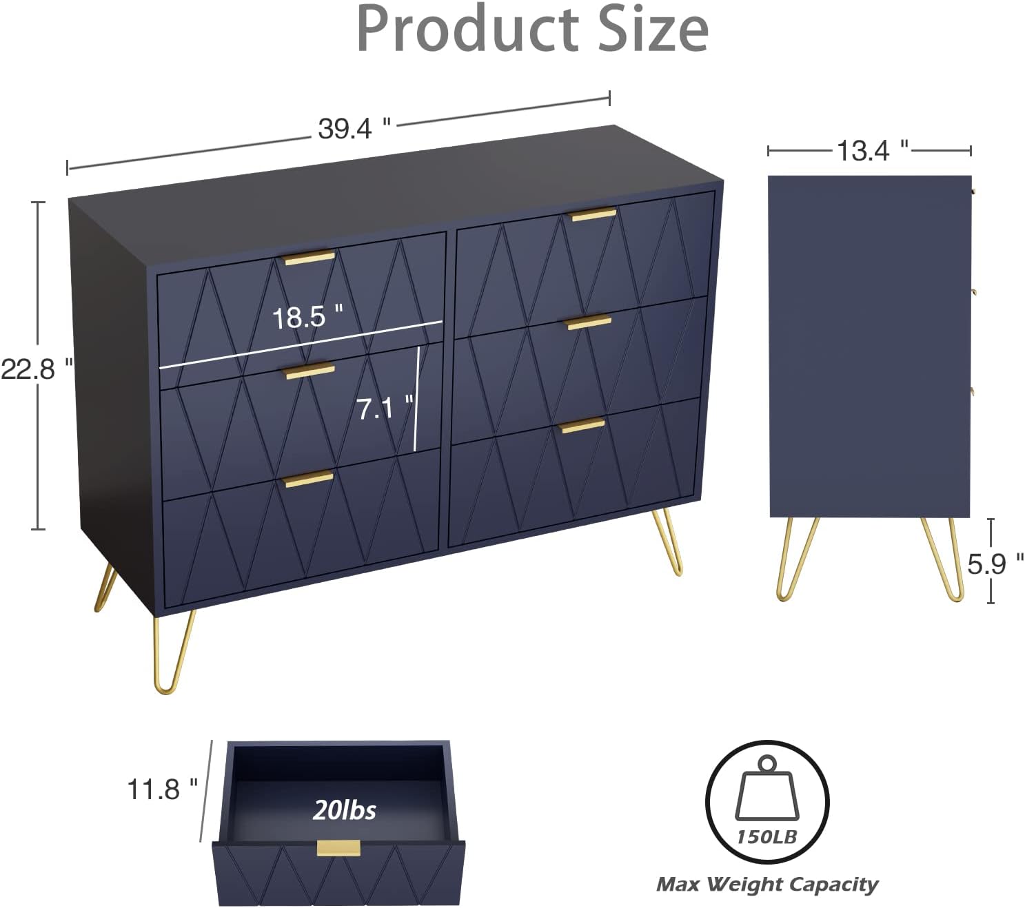 Navy Blue 6 Drawer Dresser for Bedroom with Gold Handles L6720