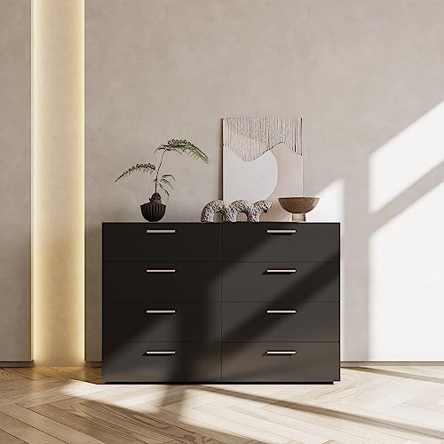 8 Drawer Double Dresser for Bedroom, Modern Black with Metal Handle S28707