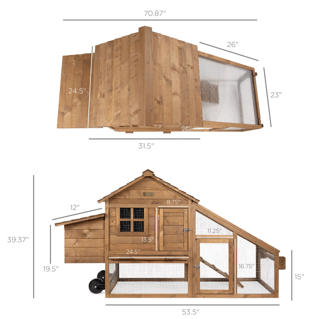 70in Fir Wood Chicken Coop Tractor Hen House with Wheels, 2 Doors, Nest Box P563183