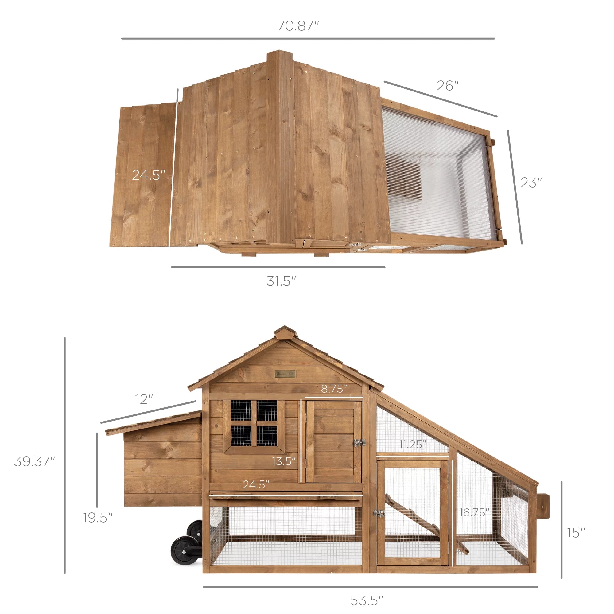 70in Fir Wood Chicken Coop Tractor Hen House with Wheels, 2 Doors, Nest Box P563183